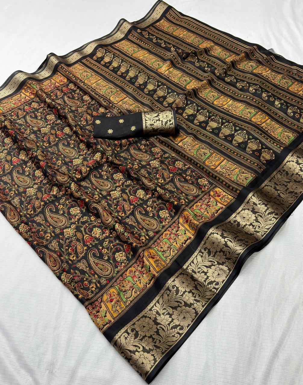 DOLA SILK KALAMKARI PRINT JACQUARD BORDER SAREE AT WHOLESALE PRICE  