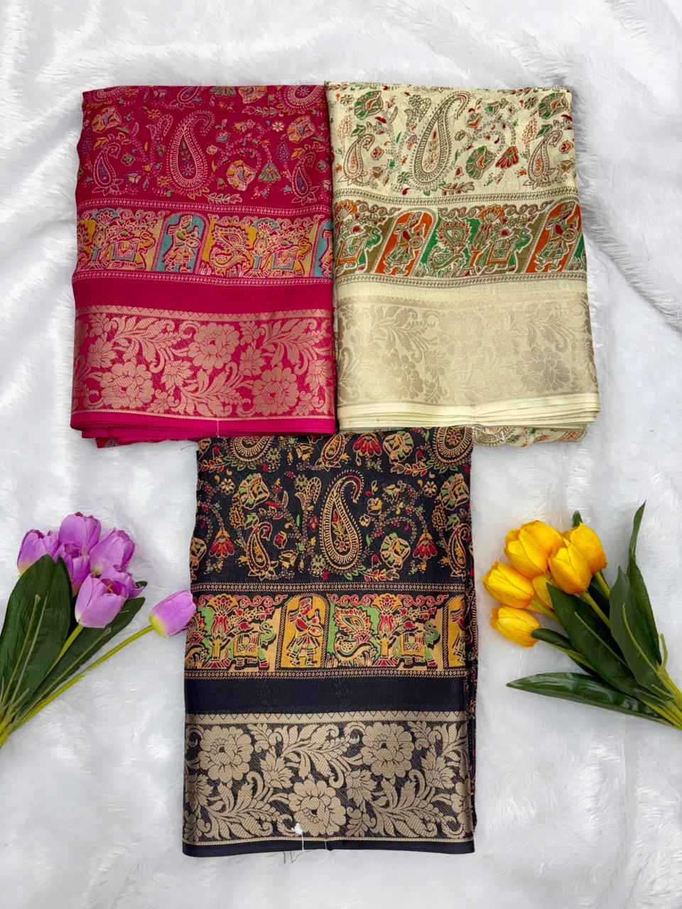 DOLA SILK KALAMKARI PRINT JACQUARD BORDER SAREE AT WHOLESALE PRICE  