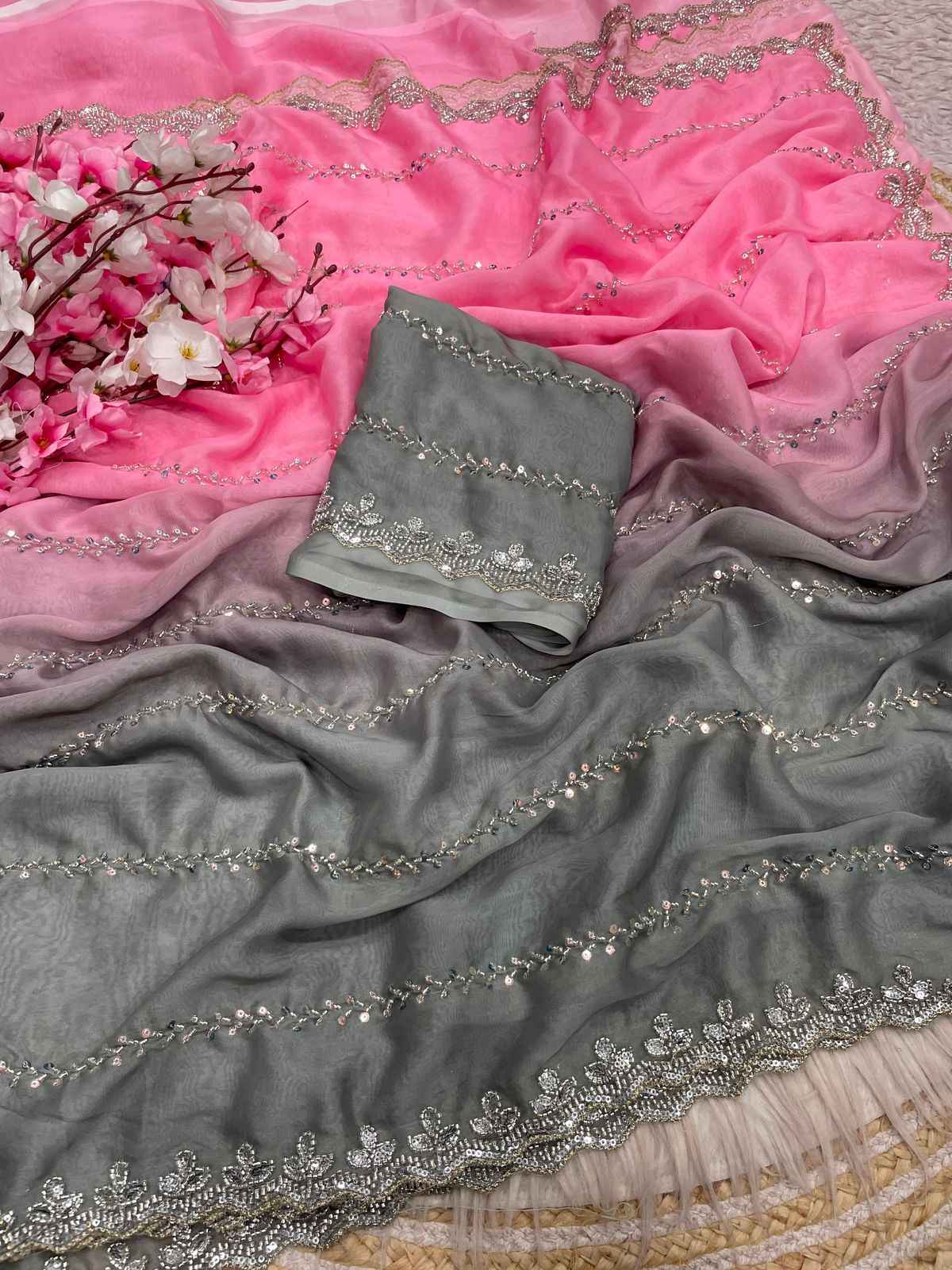 FANDY SATTIN PEDDING SEQUENCE BEEDS WORK SAREE AT WHOLESALE PRICE