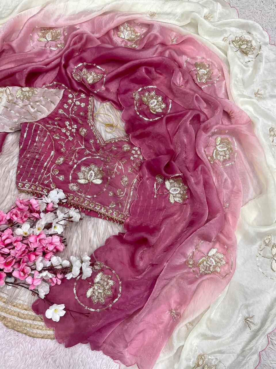 FANDY SATTIN PAIDING KHATLI  BEEDS WORK SAREE AT WHOLESALE PRICE