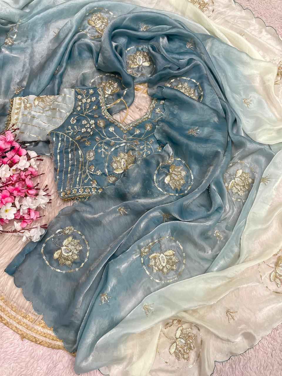 FANDY SATTIN PAIDING KHATLI  BEEDS WORK SAREE AT WHOLESALE PRICE