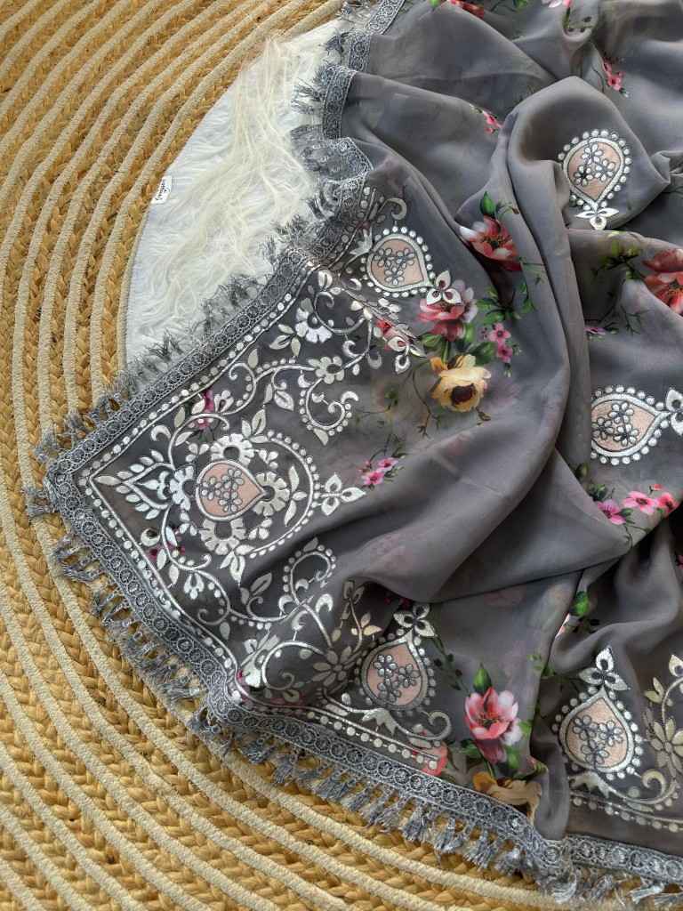 GEORGETTE FLORAL DIGITAL PRINT GOTA VELVET WORK SAREE AT WHOLESALE PRICE