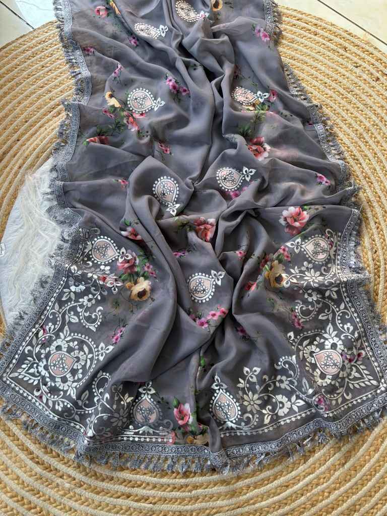 GEORGETTE FLORAL DIGITAL PRINT GOTA VELVET WORK SAREE AT WHOLESALE PRICE