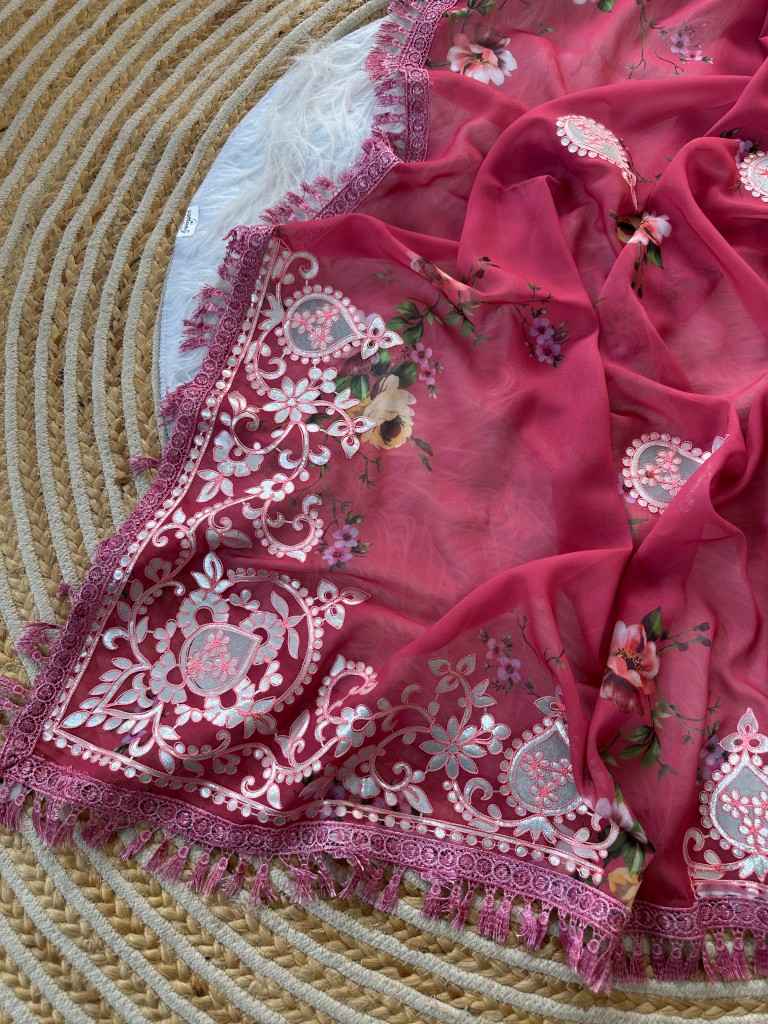 GEORGETTE FLORAL DIGITAL PRINT GOTA VELVET WORK SAREE AT WHOLESALE PRICE