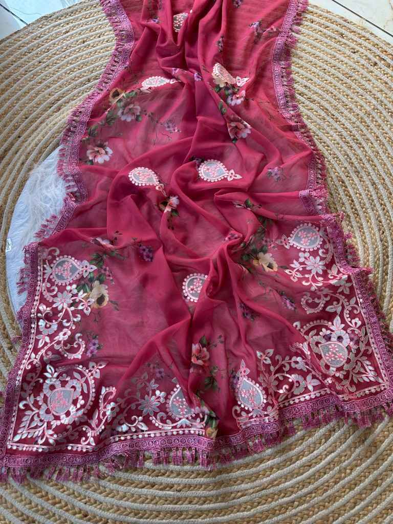 GEORGETTE FLORAL DIGITAL PRINT GOTA VELVET WORK SAREE AT WHOLESALE PRICE