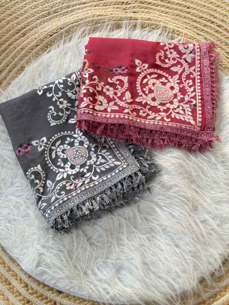 GEORGETTE FLORAL DIGITAL PRINT GOTA VELVET WORK SAREE AT WHOLESALE PRICE