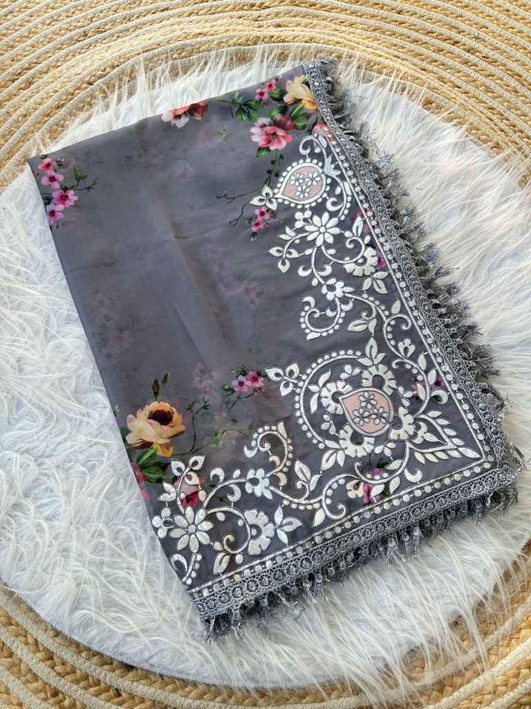 GEORGETTE FLORAL DIGITAL PRINT GOTA VELVET WORK SAREE AT WHOLESALE PRICE