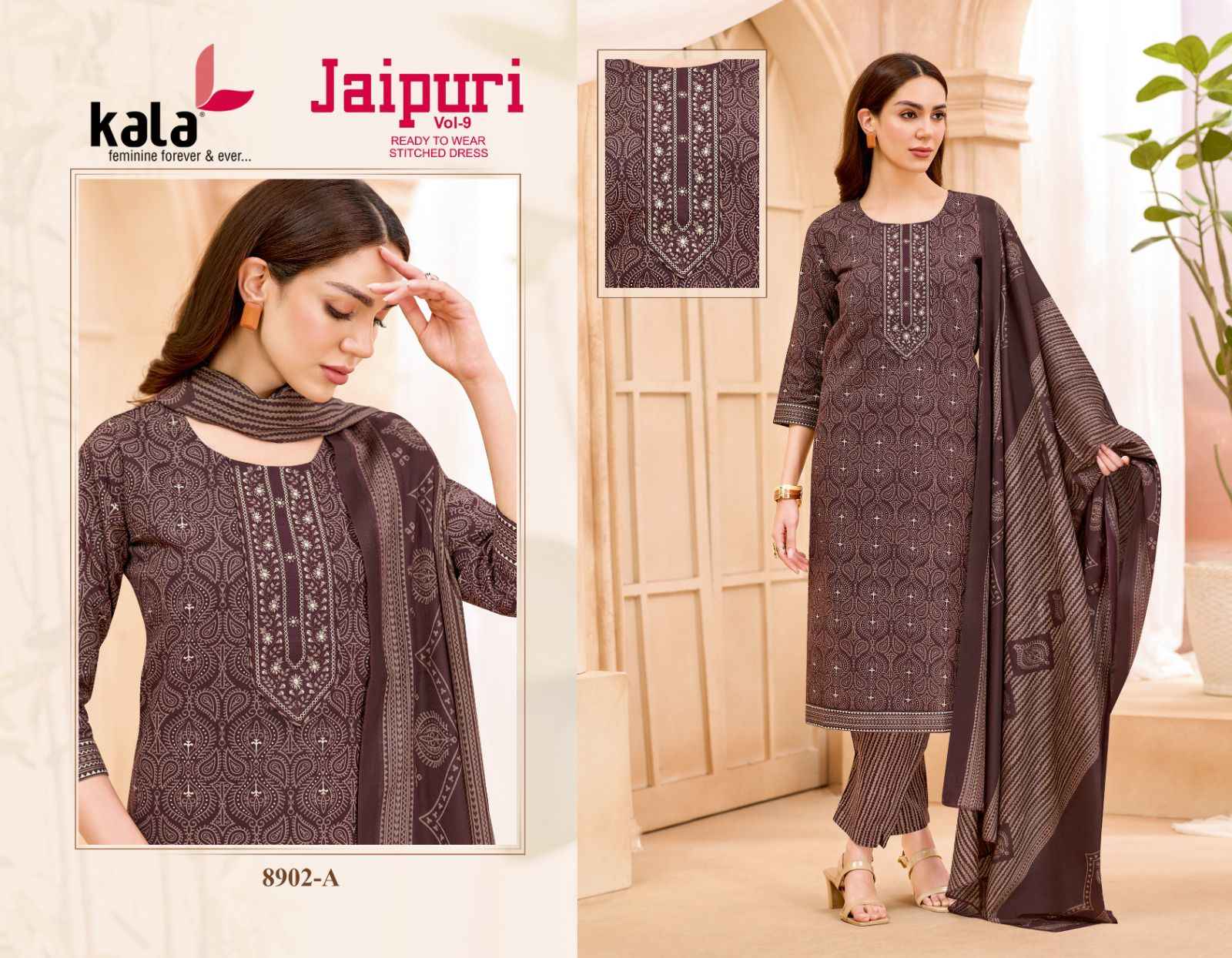 KALA JAIPURI VOL-9 COTTON PRINTED KURTI PANT WITH DUPATTA AT WHOLESALE PRICE