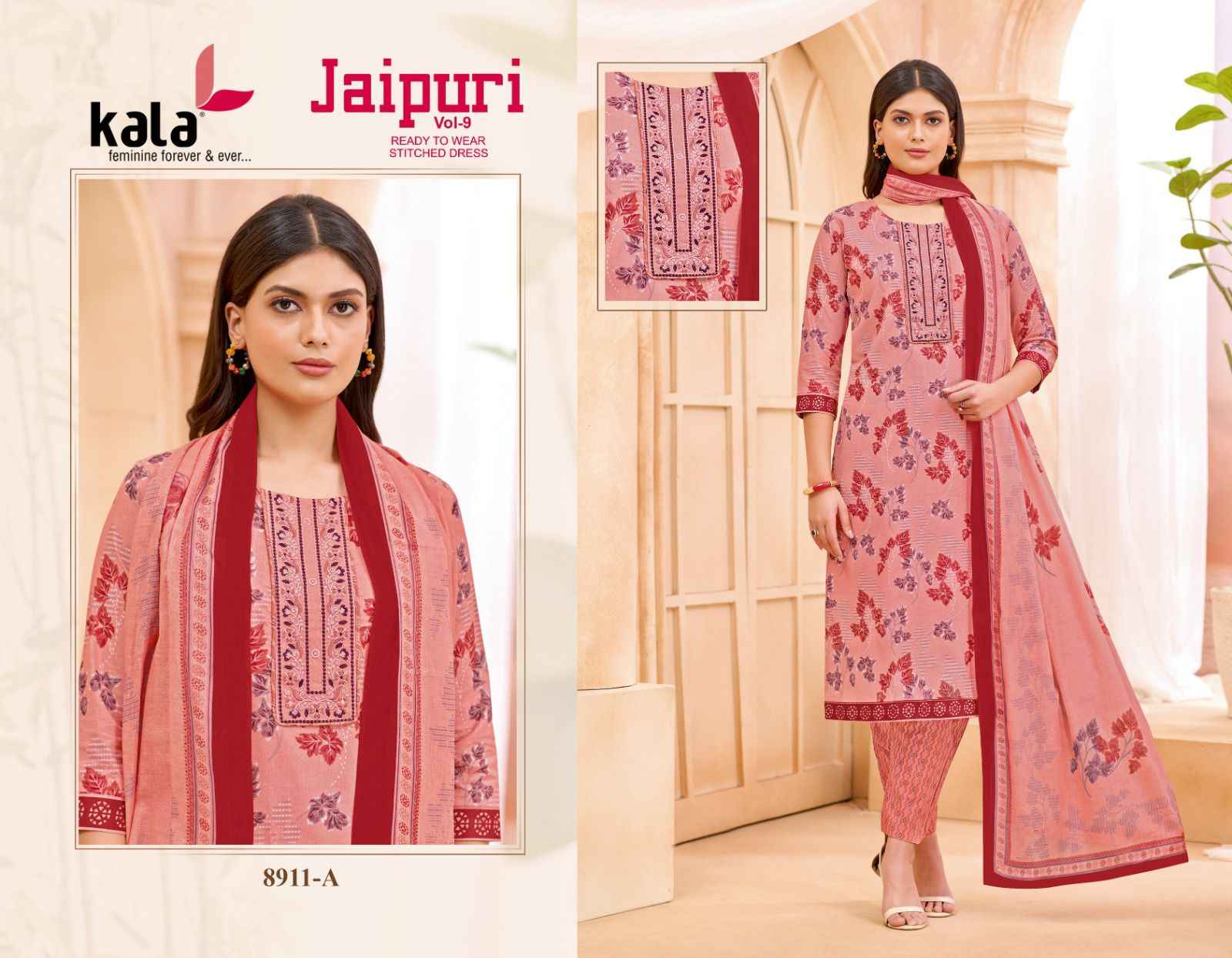 KALA JAIPURI VOL-9 COTTON PRINTED KURTI PANT WITH DUPATTA AT WHOLESALE PRICE