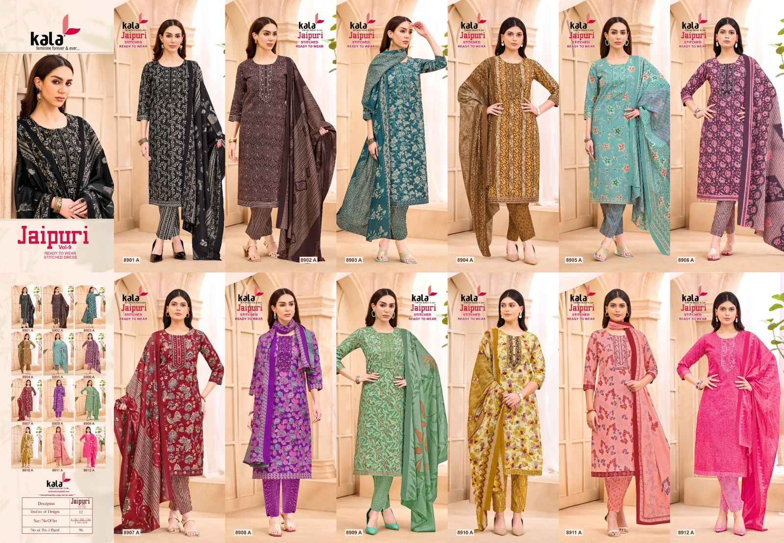 KALA JAIPURI VOL-9 COTTON PRINTED KURTI PANT WITH DUPATTA AT WHOLESALE PRICE