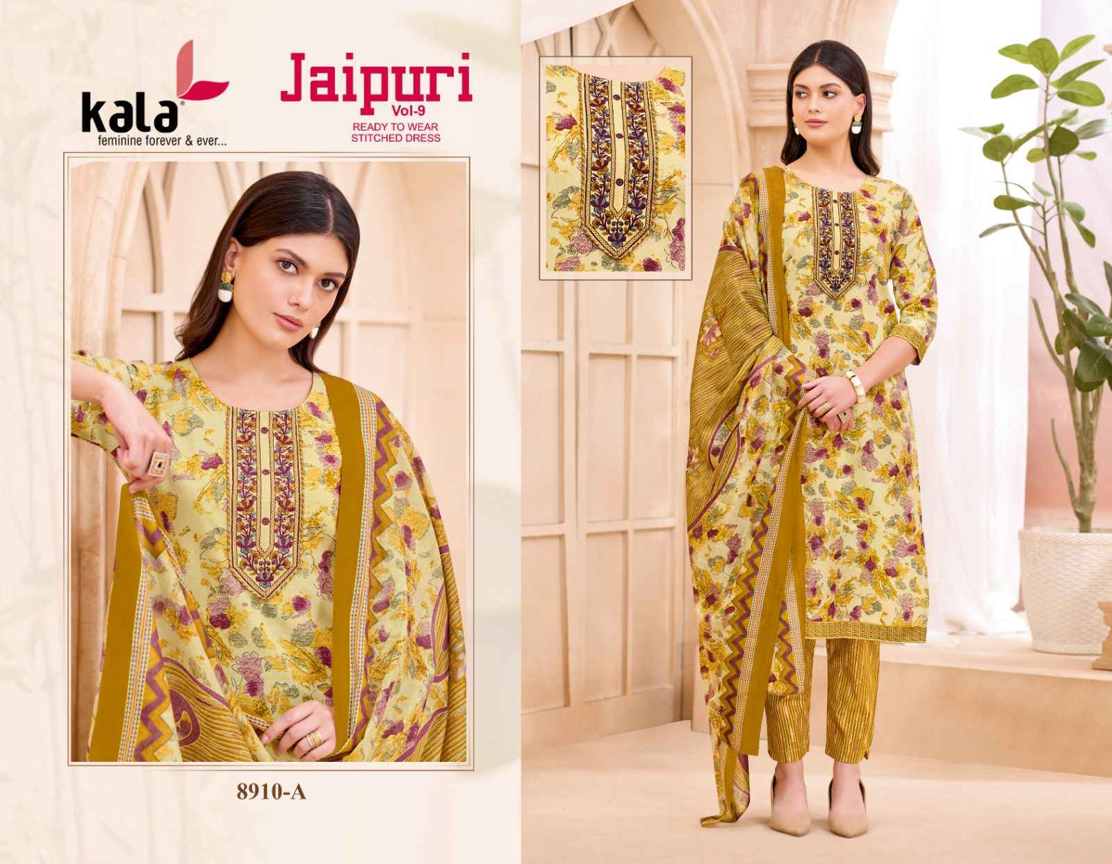 KALA JAIPURI VOL-9 COTTON PRINTED KURTI PANT WITH DUPATTA AT WHOLESALE PRICE