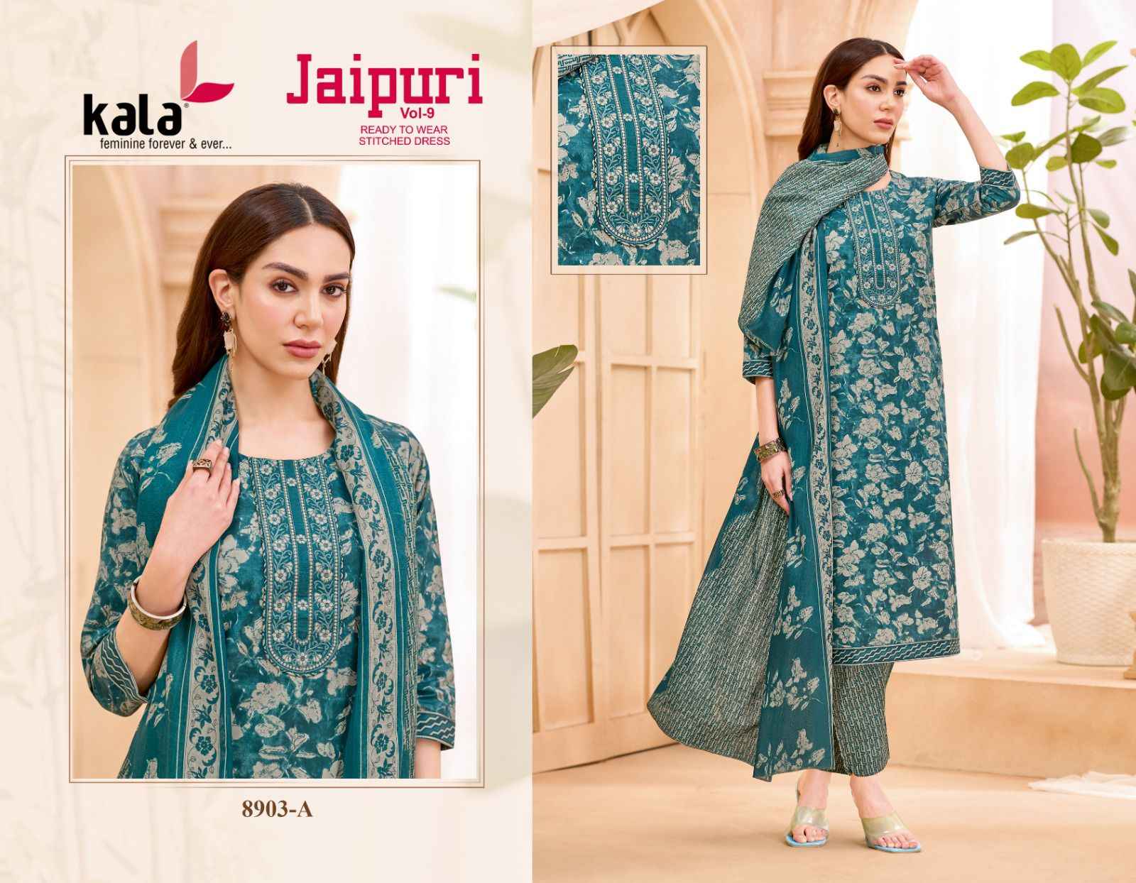 KALA JAIPURI VOL-9 COTTON PRINTED KURTI PANT WITH DUPATTA AT WHOLESALE PRICE