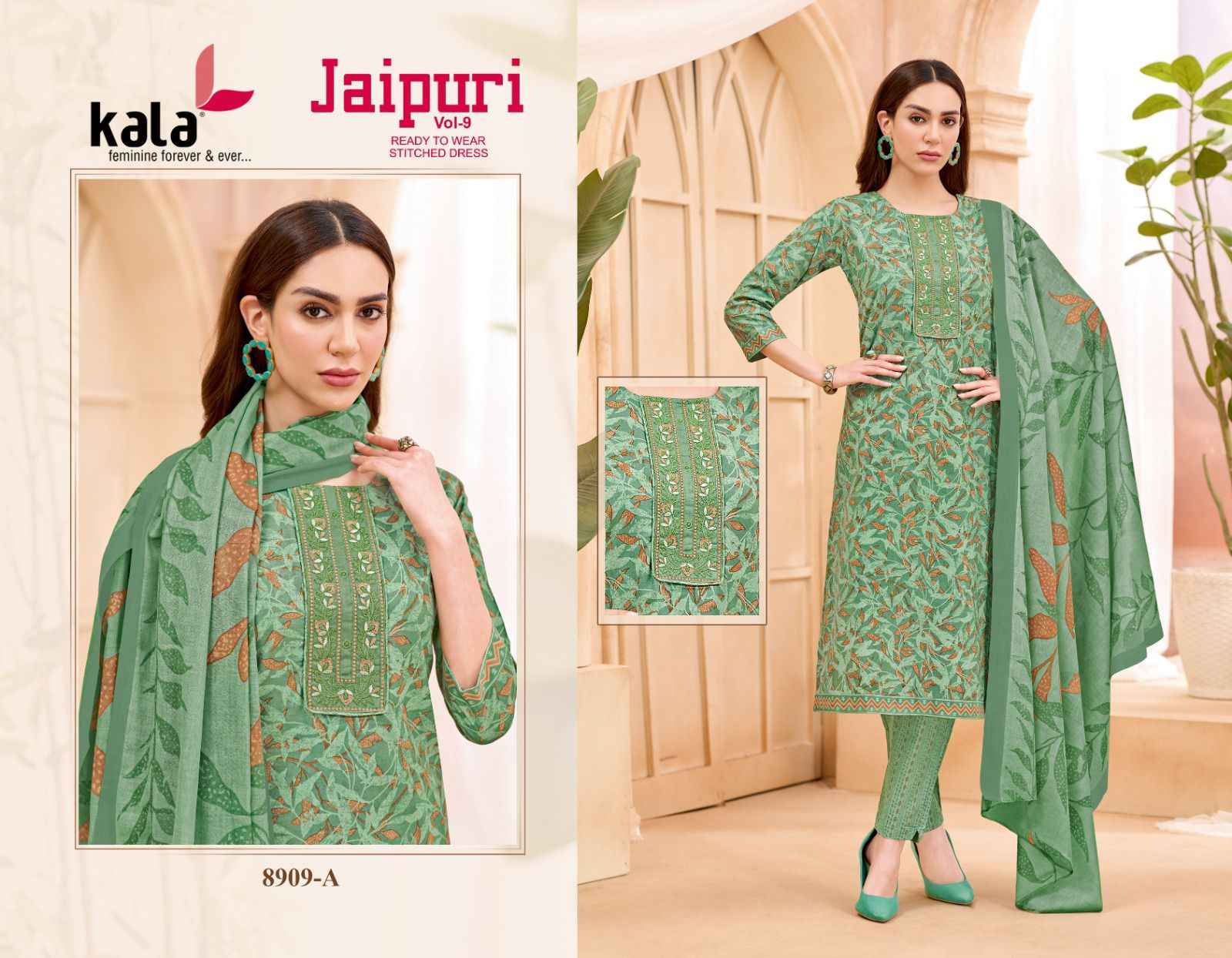KALA JAIPURI VOL-9 COTTON PRINTED KURTI PANT WITH DUPATTA AT WHOLESALE PRICE