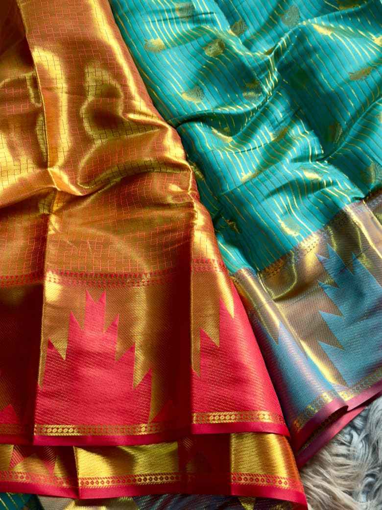 KANJIVARAM PATTU SILK GOLDEN ZARI TEMPLE BORDER SAREE AT WHOLESALE PRICE