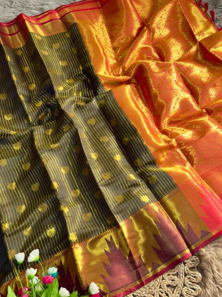 KANJIVARAM PATTU SILK GOLDEN ZARI TEMPLE BORDER SAREE AT WHOLESALE PRICE