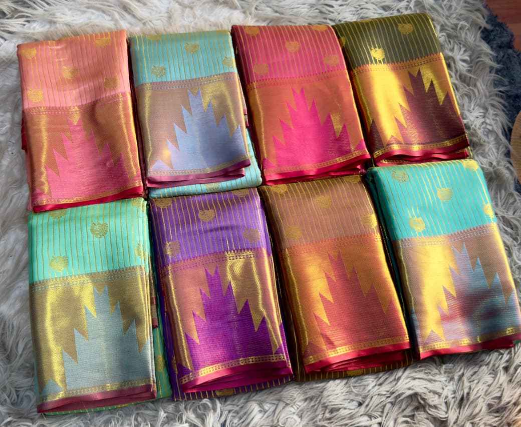 KANJIVARAM PATTU SILK GOLDEN ZARI TEMPLE BORDER SAREE AT WHOLESALE PRICE