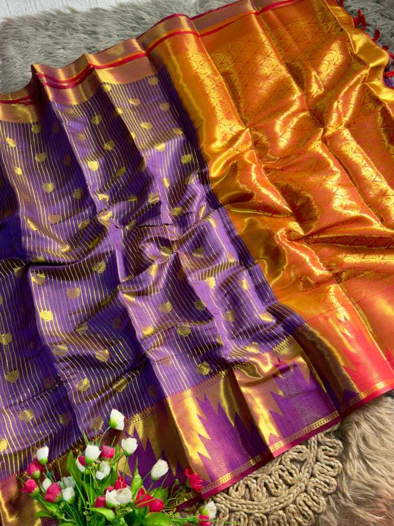 KANJIVARAM PATTU SILK GOLDEN ZARI TEMPLE BORDER SAREE AT WHOLESALE PRICE
