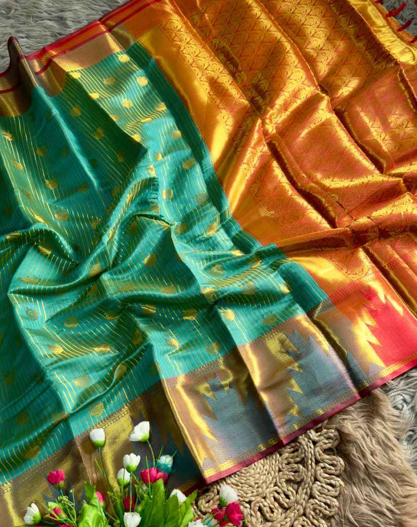 KANJIVARAM PATTU SILK GOLDEN ZARI TEMPLE BORDER SAREE AT WHOLESALE PRICE