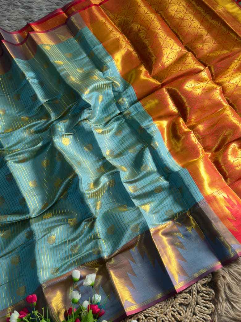KANJIVARAM PATTU SILK GOLDEN ZARI TEMPLE BORDER SAREE AT WHOLESALE PRICE