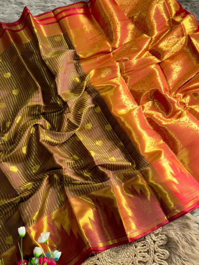 KANJIVARAM PATTU SILK GOLDEN ZARI TEMPLE BORDER SAREE AT WHOLESALE PRICE