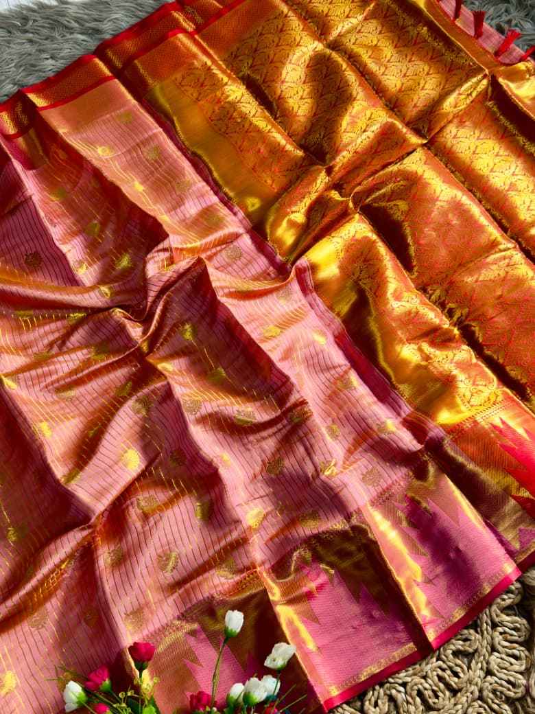 KANJIVARAM PATTU SILK GOLDEN ZARI TEMPLE BORDER SAREE AT WHOLESALE PRICE