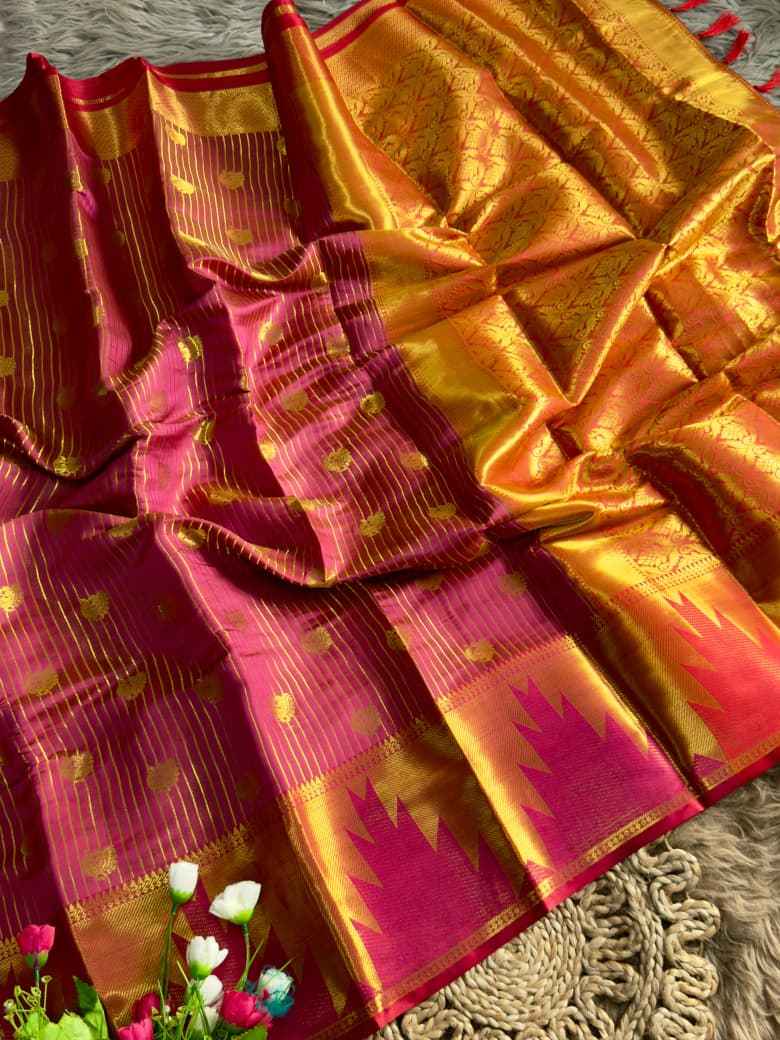KANJIVARAM PATTU SILK GOLDEN ZARI TEMPLE BORDER SAREE AT WHOLESALE PRICE