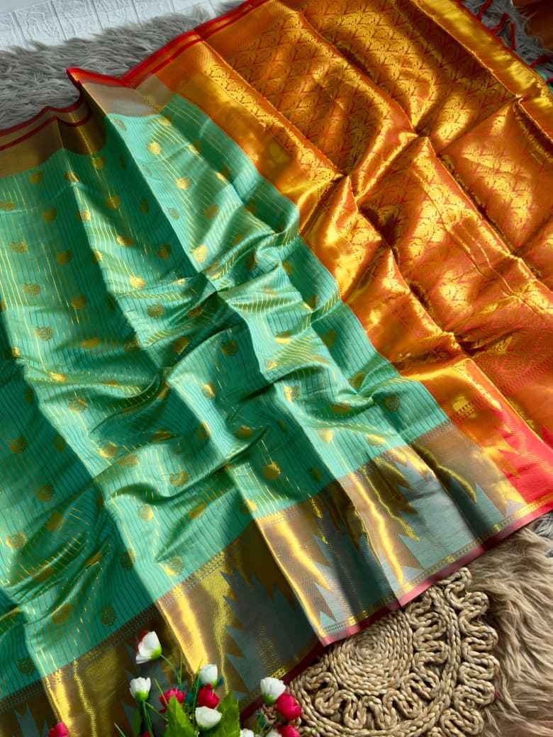KANJIVARAM PATTU SILK GOLDEN ZARI TEMPLE BORDER SAREE AT WHOLESALE PRICE