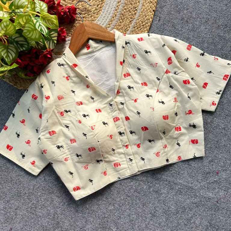 OFF WHITE MAGIC COTTON PRINTED READYMADE BLOUSE AT WHOLESALE PRICE  