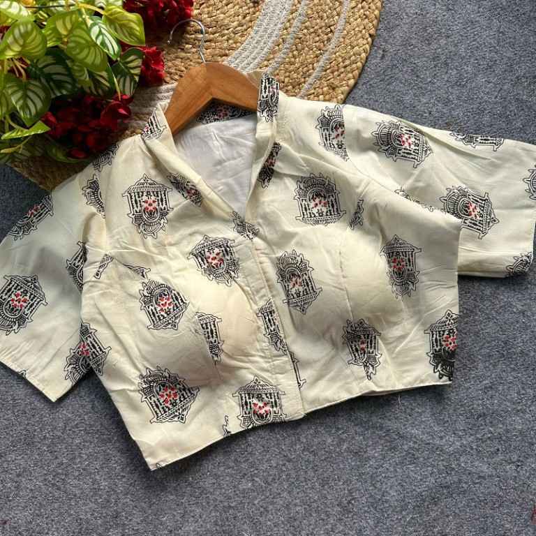 OFF WHITE MAGIC COTTON PRINTED READYMADE BLOUSE AT WHOLESALE PRICE  