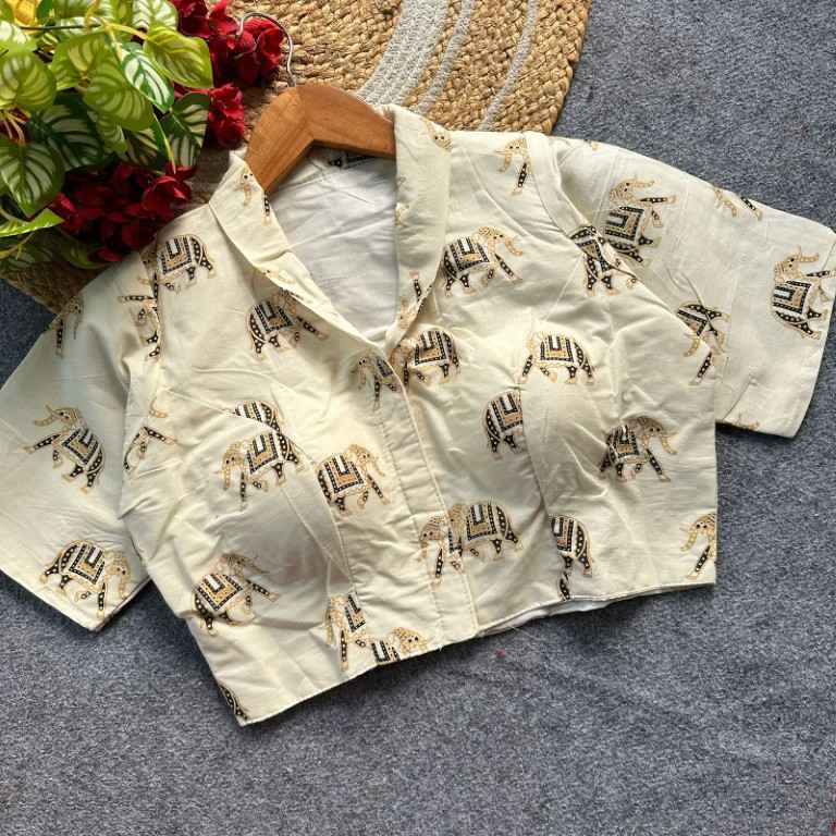 OFF WHITE MAGIC COTTON PRINTED READYMADE BLOUSE AT WHOLESALE PRICE  