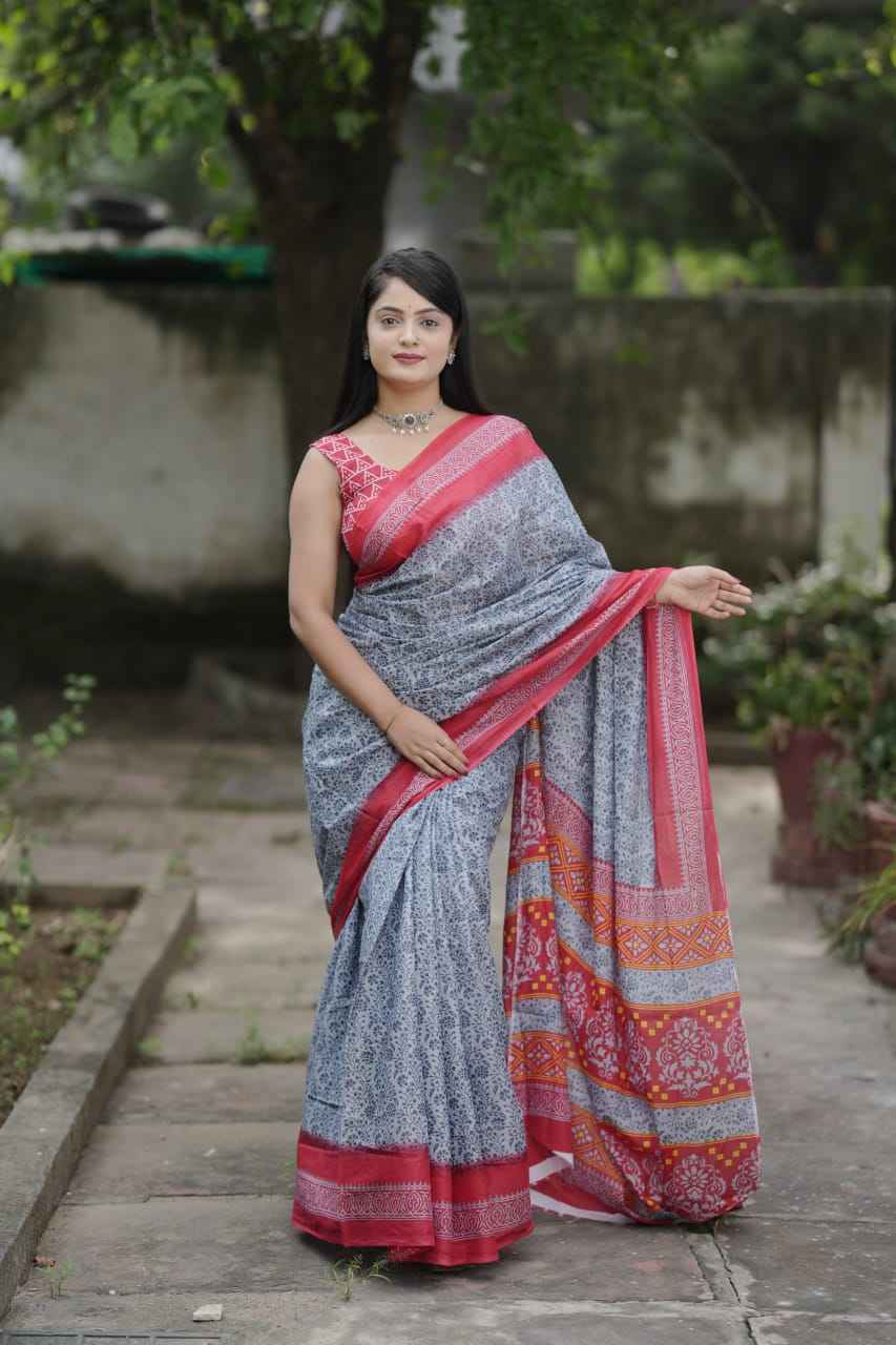 BAGRU BLOCK PRINT MAL MAL COTTON PRINTED SAREE AT WHOLESALE PRICE  