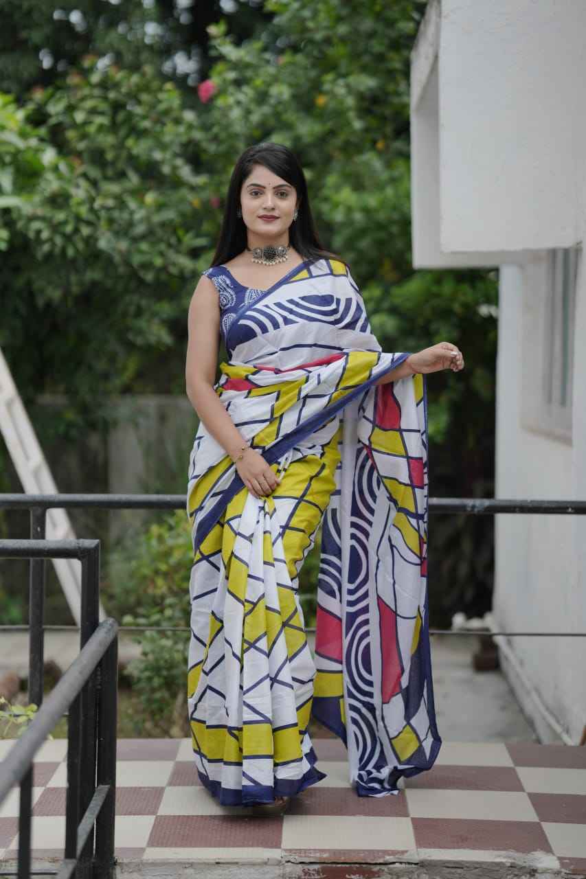 BAGRU BLOCK PRINT MAL MAL COTTON PRINTED SAREE AT WHOLESALE PRICE  