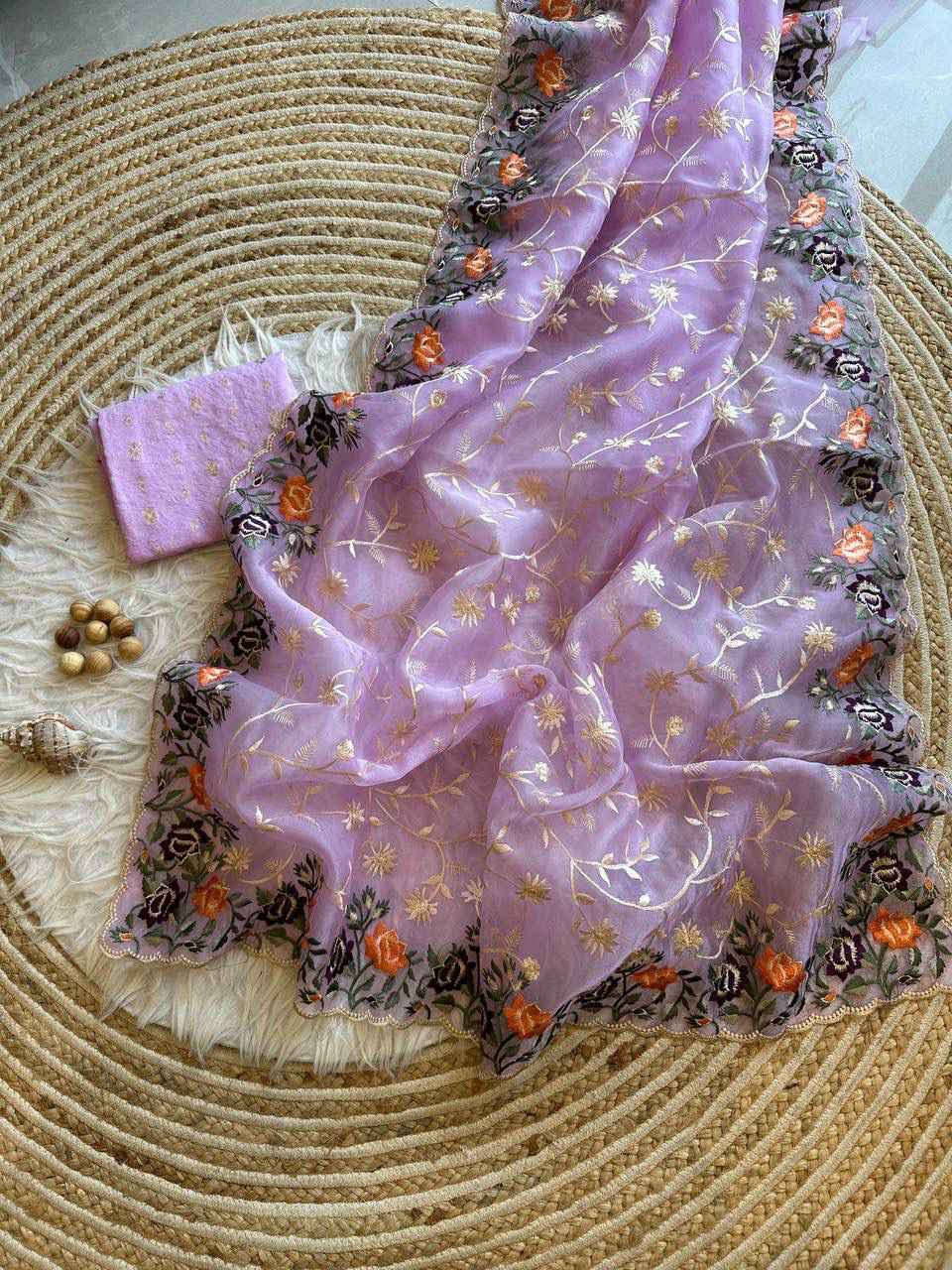 SOFT REFINED ORGANZA SILK LUCKNOWI THREAD EMBROIDERY WORK SAREE AT WHOLESALE PRICE  