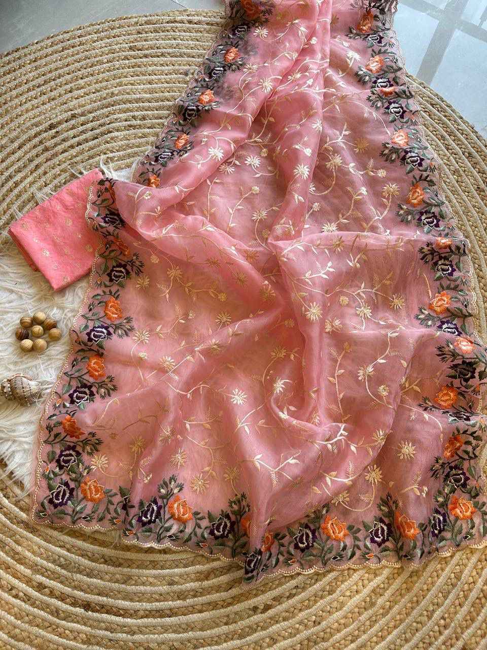 SOFT REFINED ORGANZA SILK LUCKNOWI THREAD EMBROIDERY WORK SAREE AT WHOLESALE PRICE  