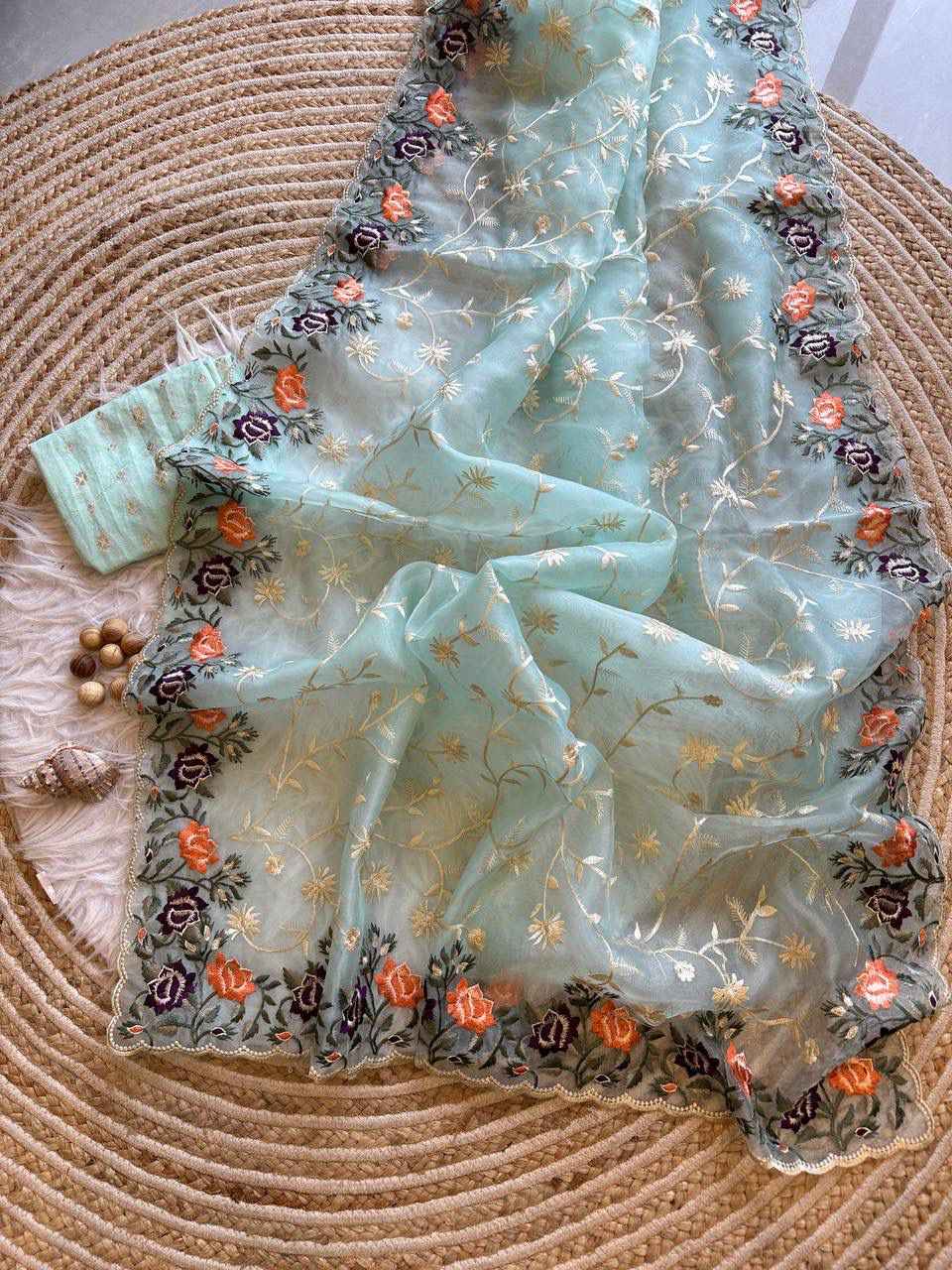 SOFT REFINED ORGANZA SILK LUCKNOWI THREAD EMBROIDERY WORK SAREE AT WHOLESALE PRICE  