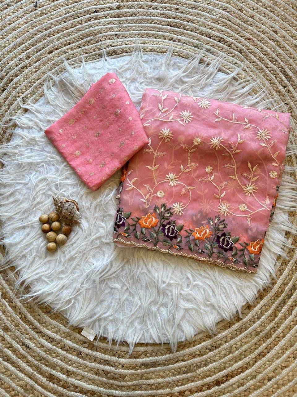 SOFT REFINED ORGANZA SILK LUCKNOWI THREAD EMBROIDERY WORK SAREE AT WHOLESALE PRICE  