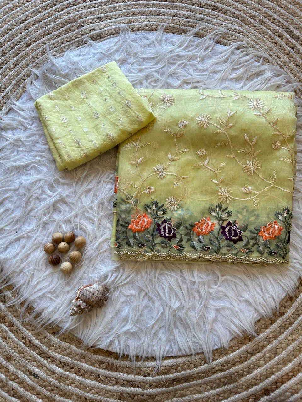 SOFT REFINED ORGANZA SILK LUCKNOWI THREAD EMBROIDERY WORK SAREE AT WHOLESALE PRICE  