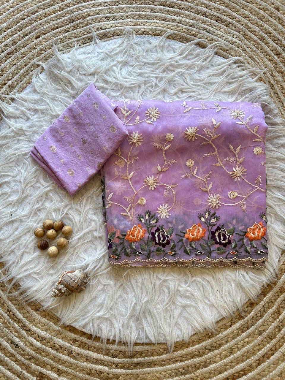 SOFT REFINED ORGANZA SILK LUCKNOWI THREAD EMBROIDERY WORK SAREE AT WHOLESALE PRICE  