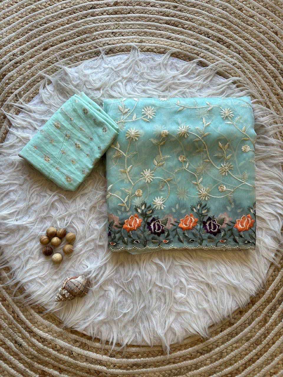 SOFT REFINED ORGANZA SILK LUCKNOWI THREAD EMBROIDERY WORK SAREE AT WHOLESALE PRICE  