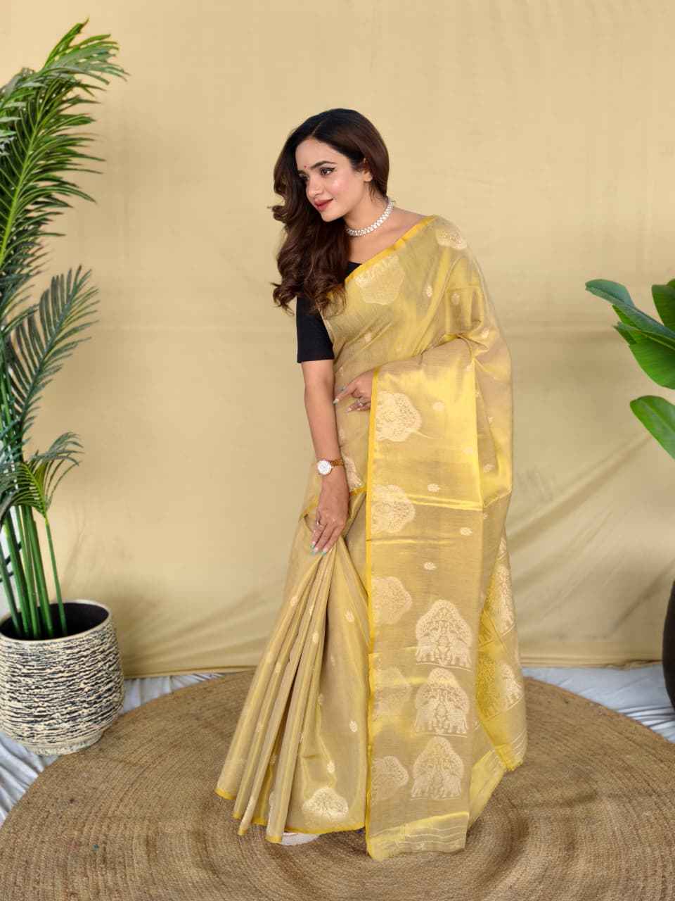 PREMIUM ZARI TISSUE WEAVING ELEPHANT PATTERN MOTIFS SAREE AT WHOLESALE PRICE