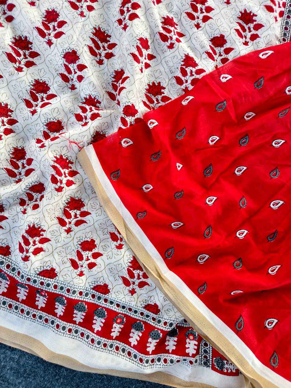 PURE COTTON CHANDERI AJRAKH PRINT AARI MIRROR WORK SAREE AT WHOLESALE PRICE  