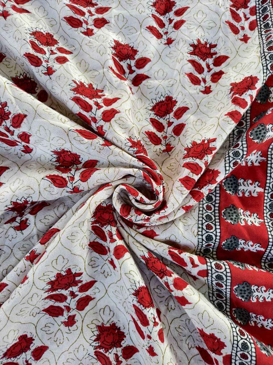 PURE COTTON CHANDERI AJRAKH PRINT AARI MIRROR WORK SAREE AT WHOLESALE PRICE  