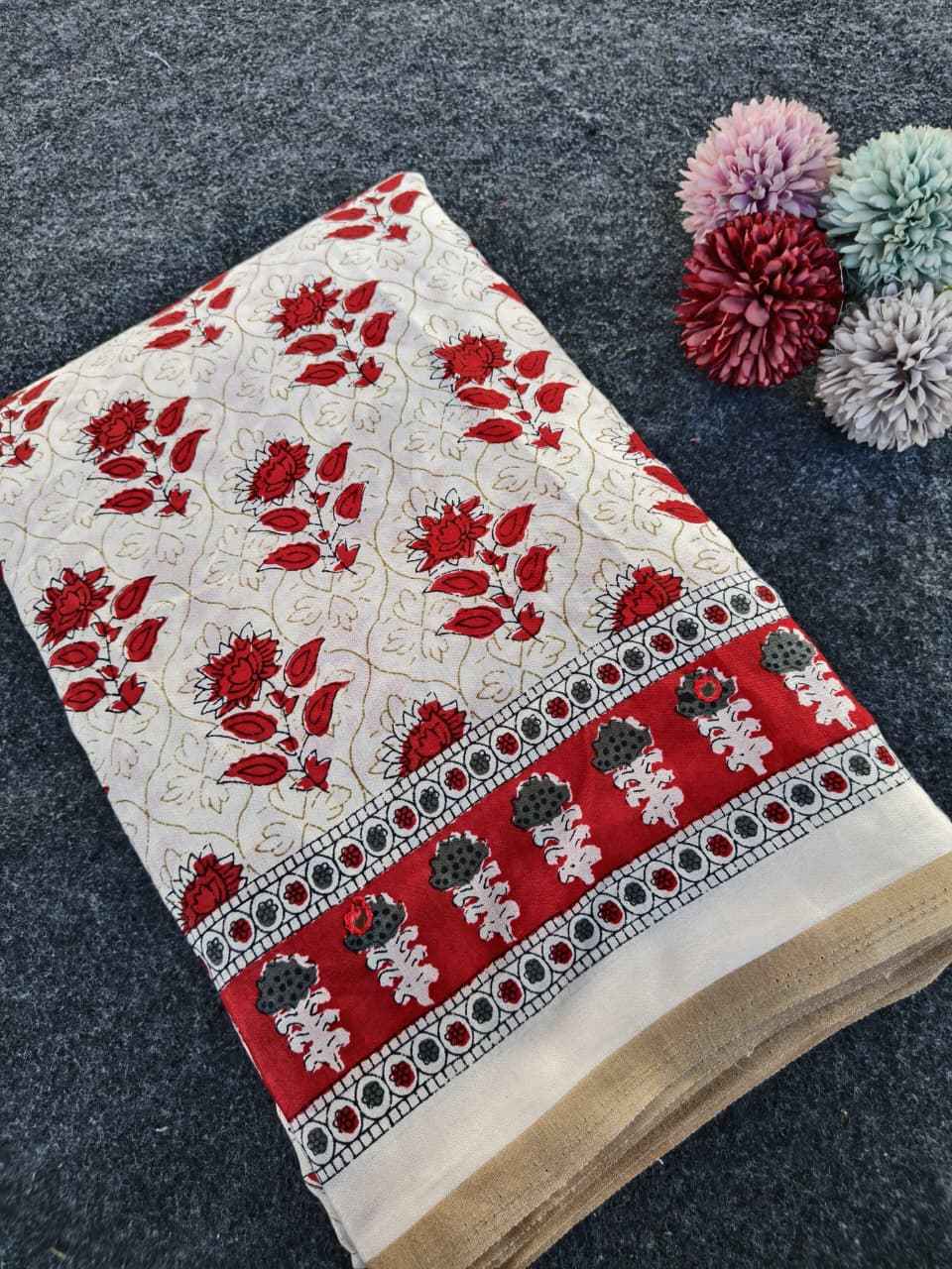 PURE COTTON CHANDERI AJRAKH PRINT AARI MIRROR WORK SAREE AT WHOLESALE PRICE  