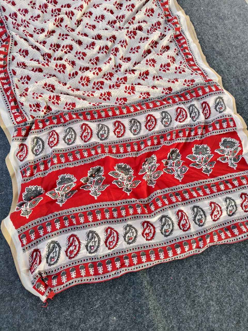 PURE COTTON CHANDERI AJRAKH PRINT AARI MIRROR WORK SAREE AT WHOLESALE PRICE  