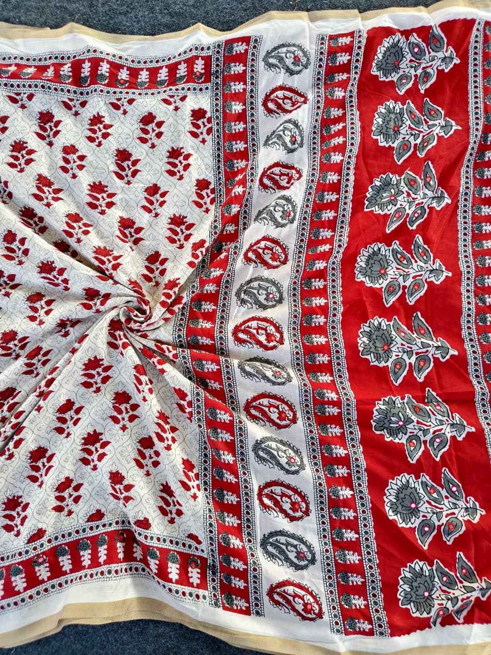 PURE COTTON CHANDERI AJRAKH PRINT AARI MIRROR WORK SAREE AT WHOLESALE PRICE  