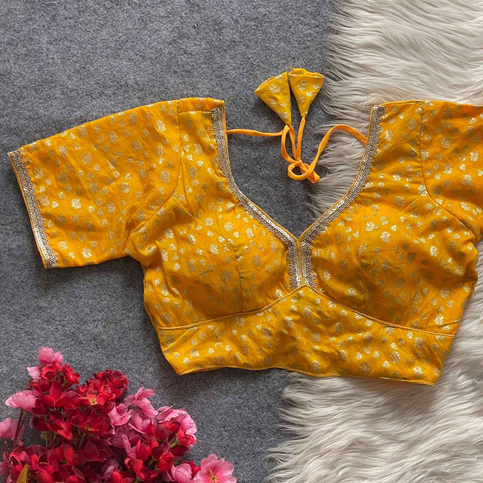 PURE DOLA SILK GOLDEN WEAVING LESS SEQUENCE ZARI WORK DESIGNER READYMADE BLOUSE