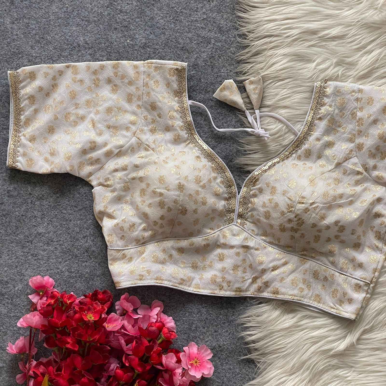 PURE DOLA SILK GOLDEN WEAVING LESS SEQUENCE ZARI WORK DESIGNER READYMADE BLOUSE