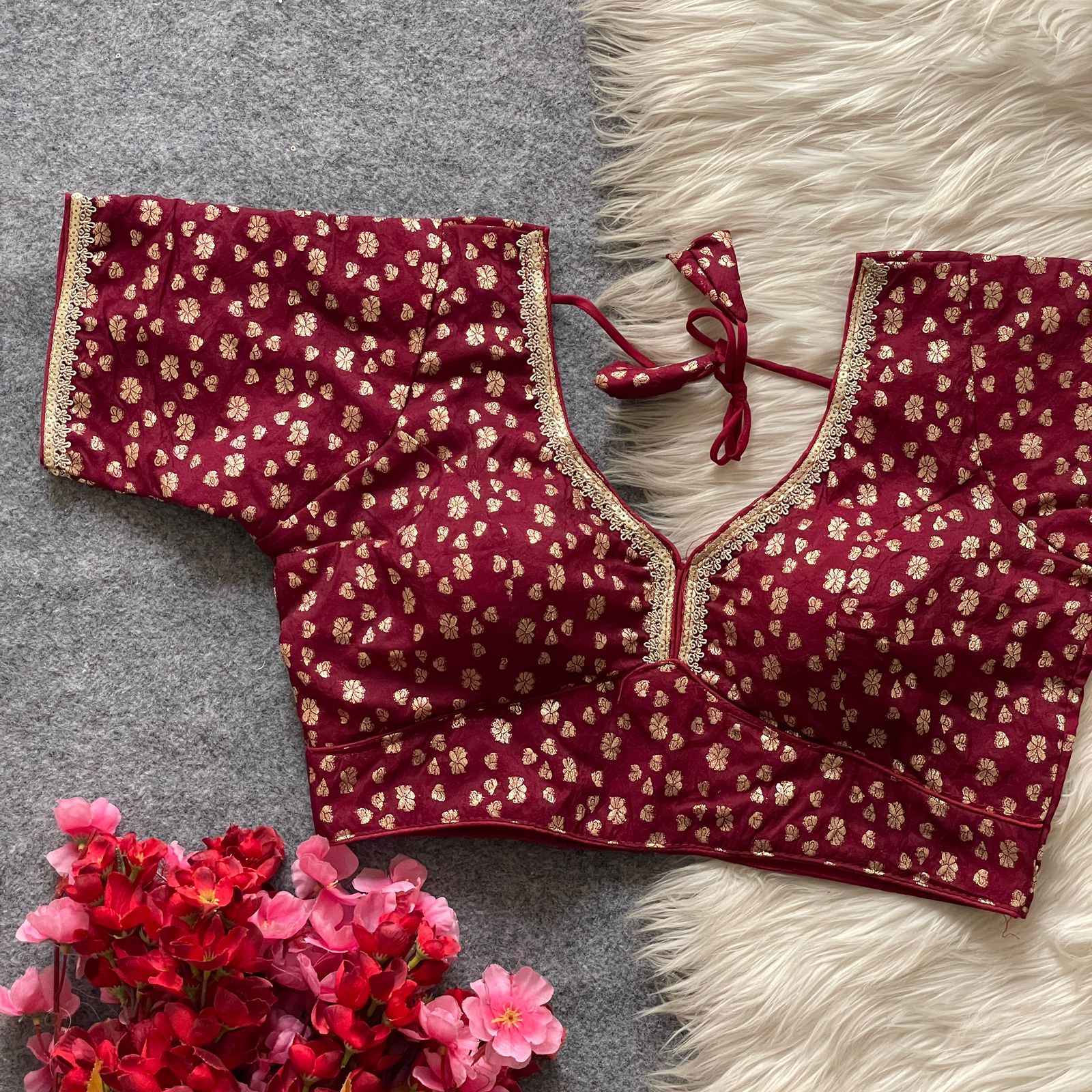 PURE DOLA SILK GOLDEN WEAVING LESS SEQUENCE ZARI WORK DESIGNER READYMADE BLOUSE