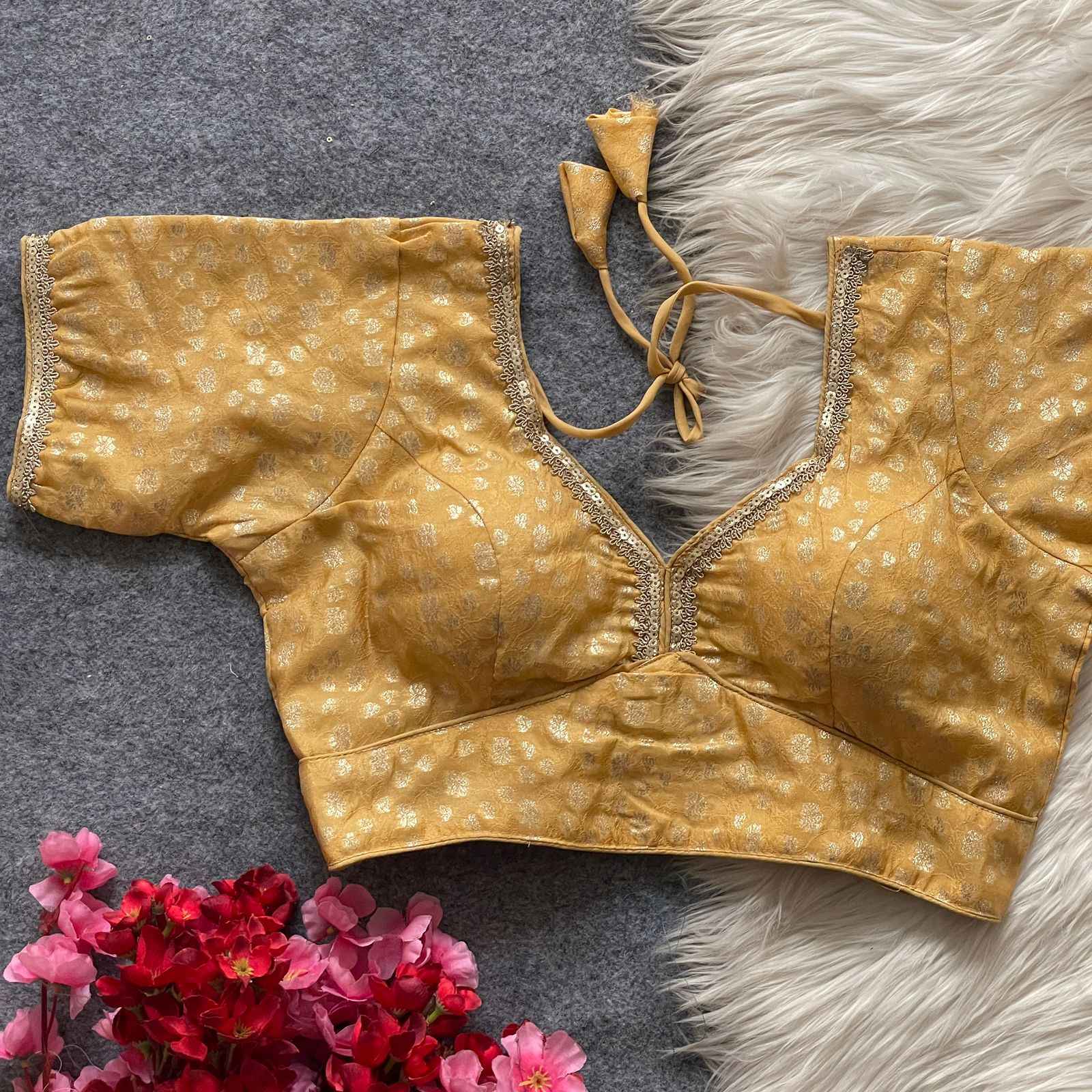 PURE DOLA SILK GOLDEN WEAVING LESS SEQUENCE ZARI WORK DESIGNER READYMADE BLOUSE