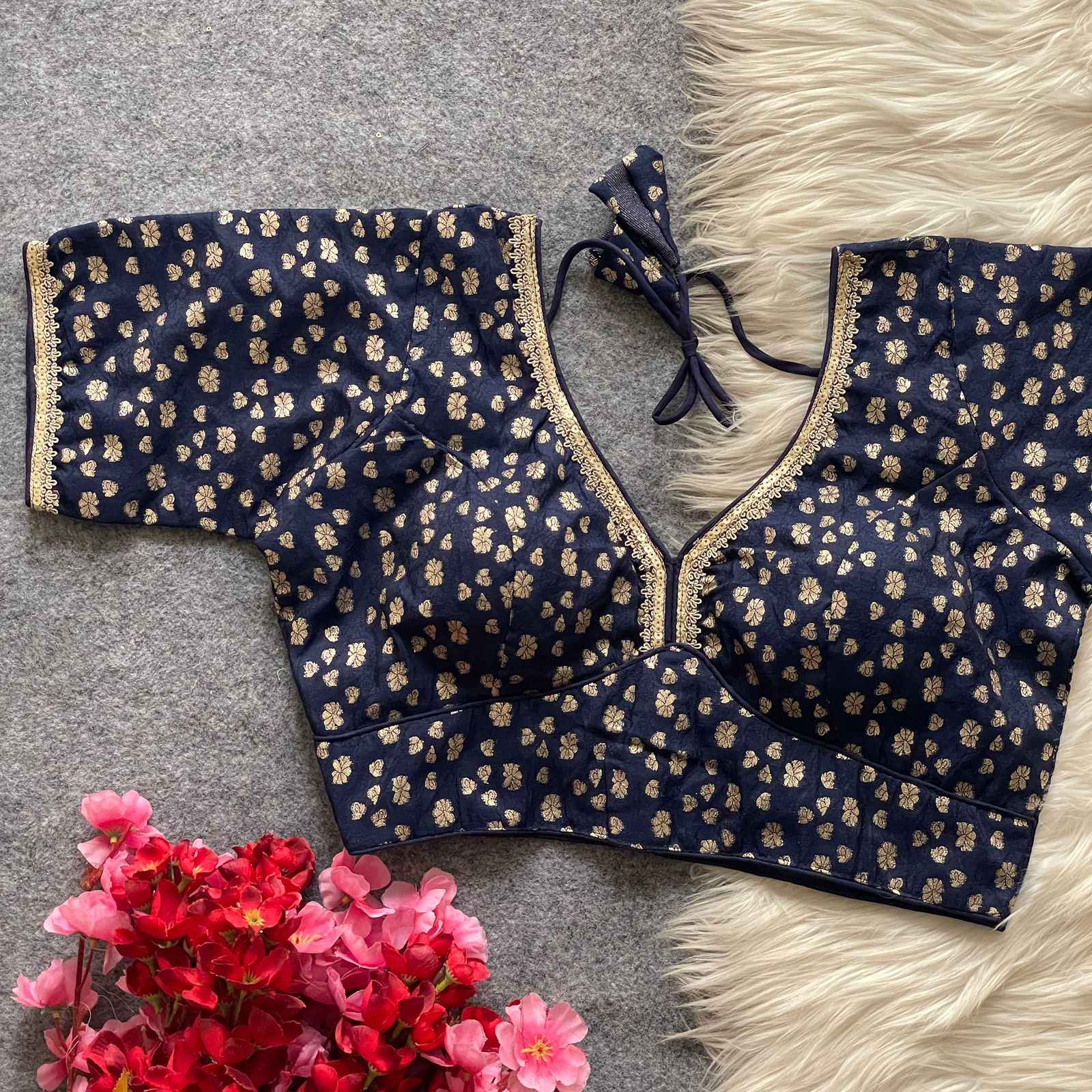 PURE DOLA SILK GOLDEN WEAVING LESS SEQUENCE ZARI WORK DESIGNER READYMADE BLOUSE